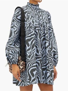 GANNI Zebra-Print Cotton Smock Dress featuring a ruffled high neck